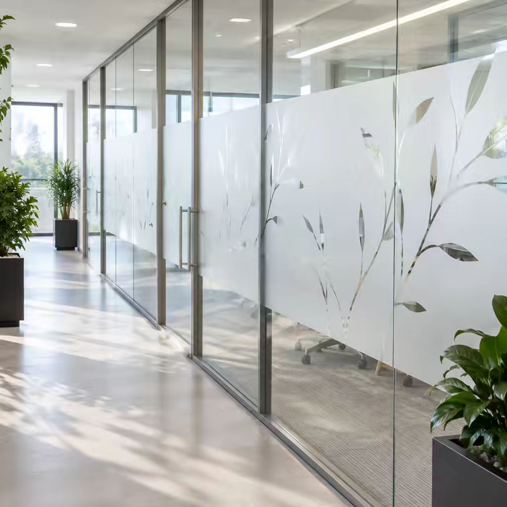 Frosted privacy film on an interior glass partition