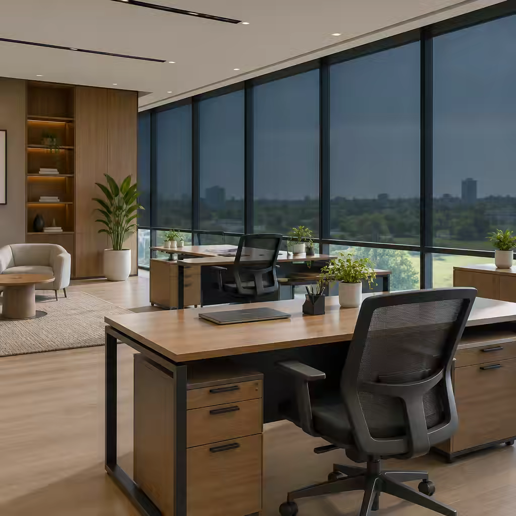 Office interior with tinted floor-to-ceiling windows